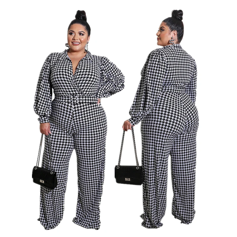 

2021 Hot Sale Fashion V Neck Plaid Fabric Plus Size Jumpsuit With Belt Elegant Casual Wear For Women