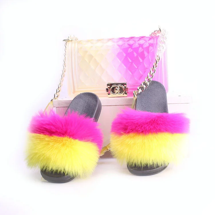 

2020 Unique Trendy Purses and Handbags Women 's Sandals Fur Slides Shoes with Jelly Candy PU Rainbow Bags Ladies 2 Piece Sets