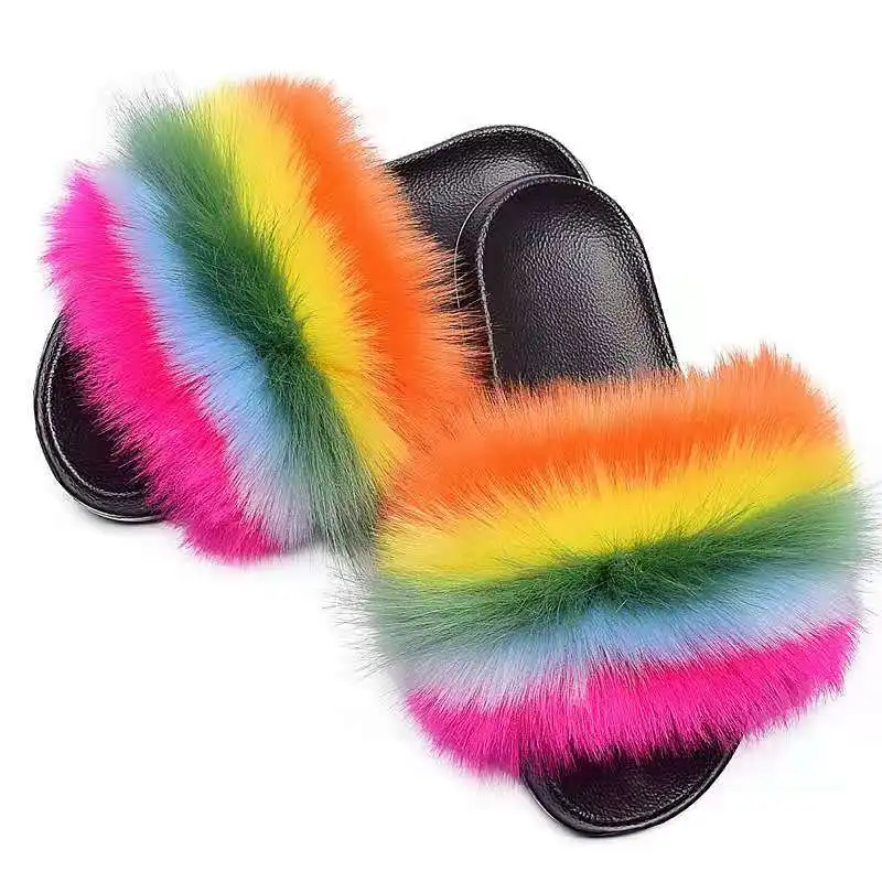 

Wholesale various colours fluffy faux fox slippers ladies soft comfortable kids fur slides, Customized color