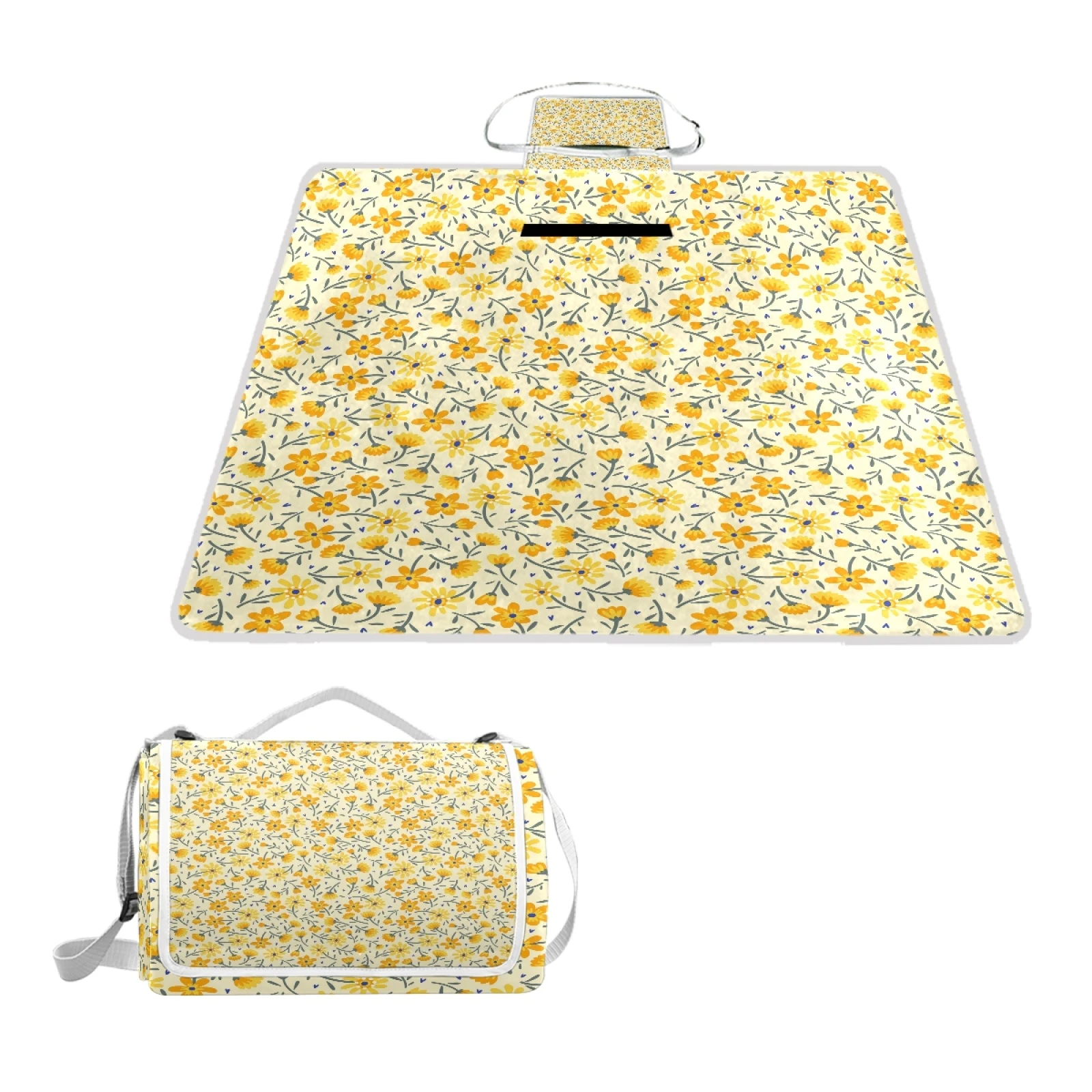 

Yellow Floral Adults Large Thick Picnic Blanket Waterproof Sandproof Beach Mat With Portable Straps