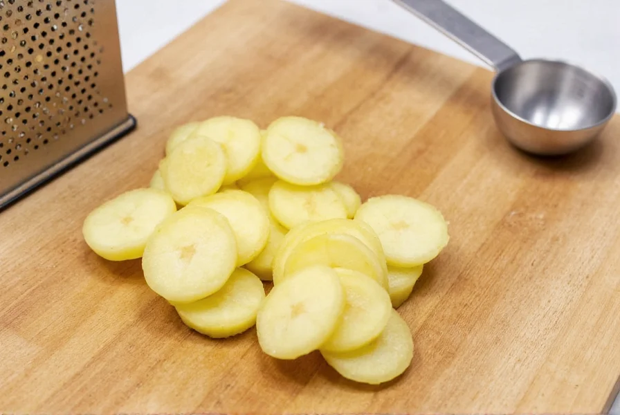 Fresh peeled ginger root sliced into thin pieces on wooden cutting board with grater and measuring spoon
