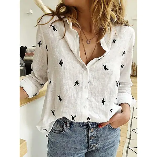 

2021 New Arrivals Women Animal Print Loose Linen Blouse Ladies Spring Long Sleeve Linen Shirt Cheap Girls Leisure Linen Blouse