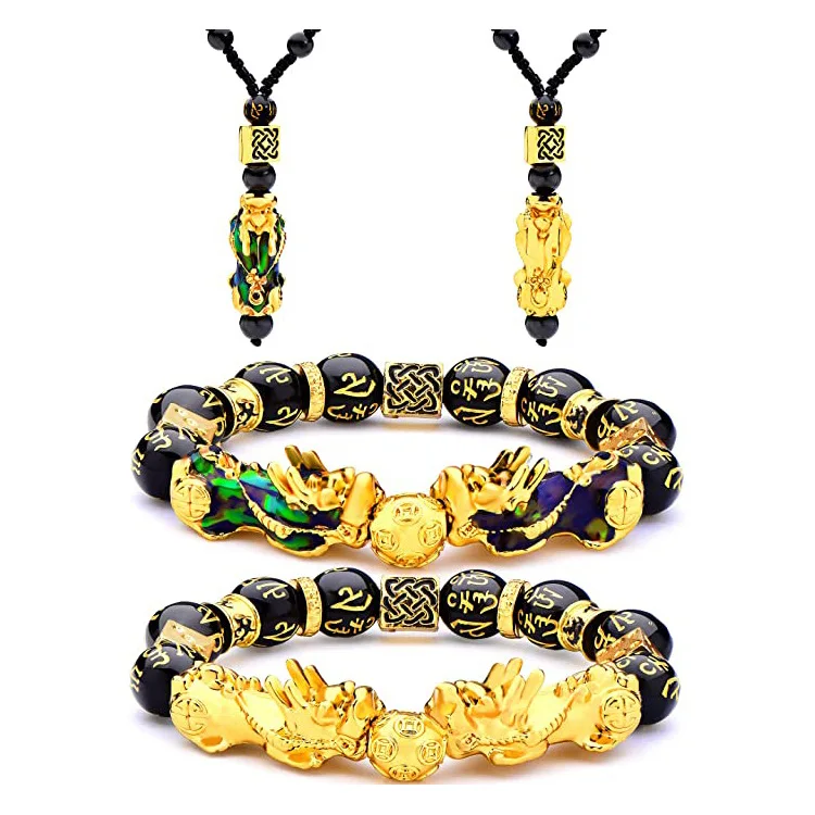 

Feng Shui Black Obsidian Wealth Bracelet Necklace Pi Xiu Obsidian Bracelet Set CLLB079, As the pictures