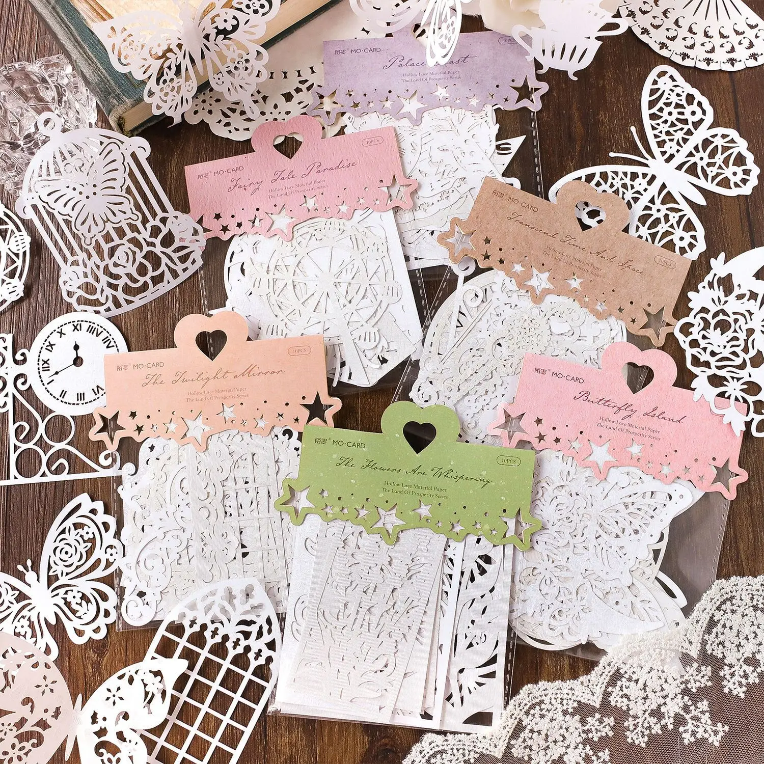 

10pieces/pack Material Paper Bustling Landscape Series Ins Lace Hollow out Hand Account DIY Decoration Base 6 Models