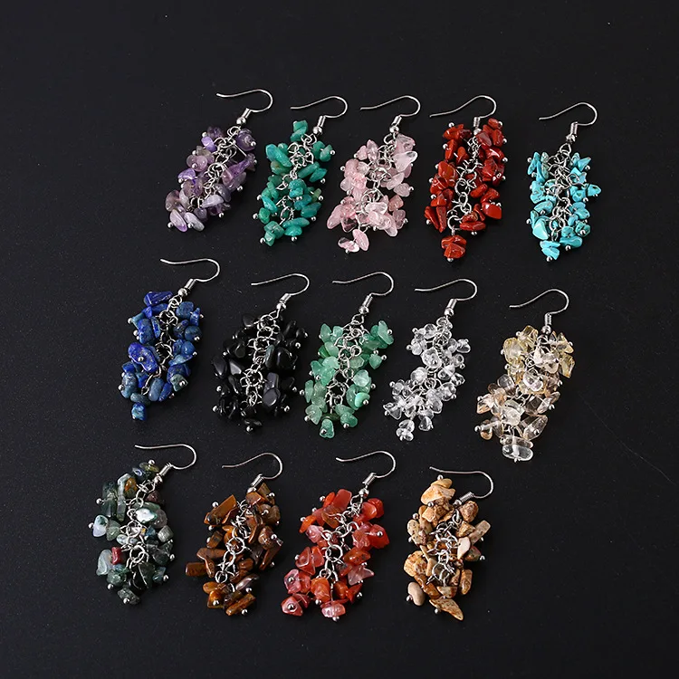 

Hot selling natural crystal stone gravel stone earrings for women gemstone green aventurine crystal long hook earrings