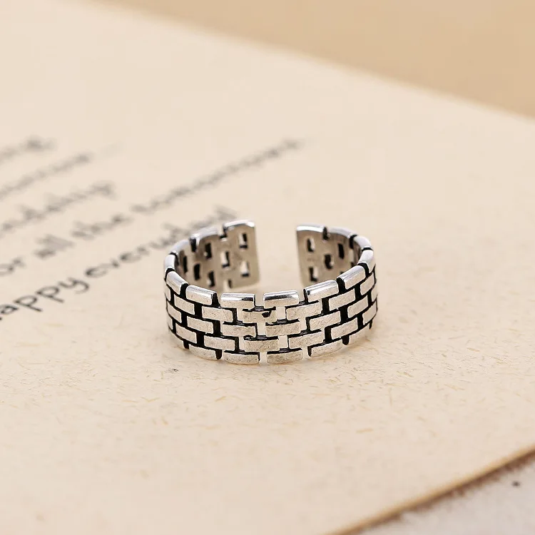 925 Sterling Silver Opening Ring Geometric City Wall Retro Thai Silver Korean Sterling Silver Jewelry Wholesale