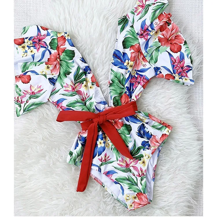 

2020 women swimwear one piece floral print bathing suits sexy swimwear with belt, Customized color/as show