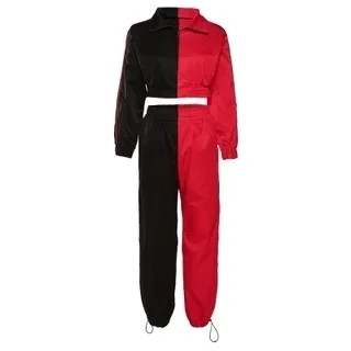 patchwork cropped jacket trouser 2 pieces set autumn winter women casual sporty tracksuit streetwear outfits