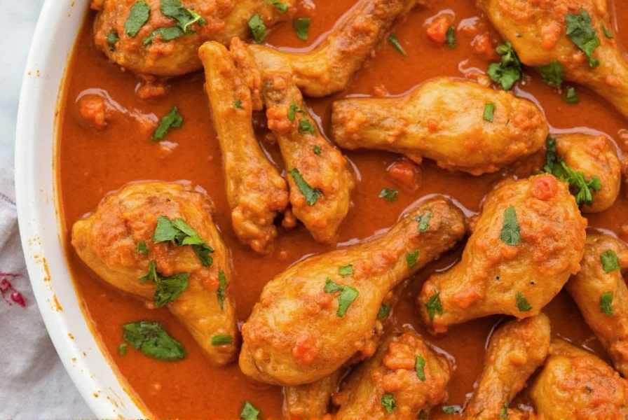 Close-up of Hungarian nokedli dumplings topped with rich chicken paprika sauce