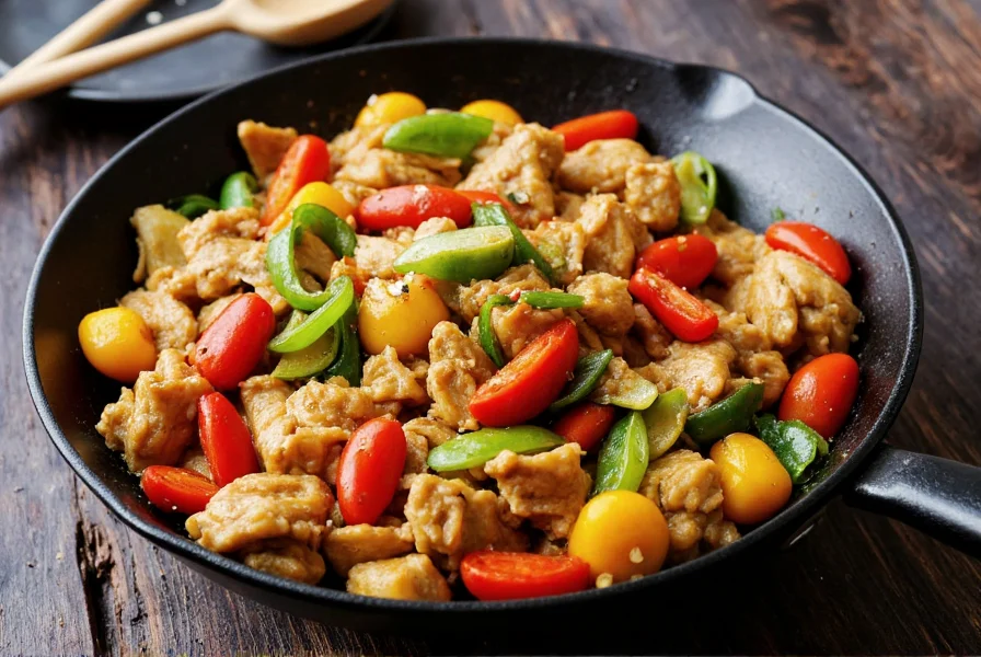 Asian ginger garlic chicken stir-fry with vibrant vegetables in black wok