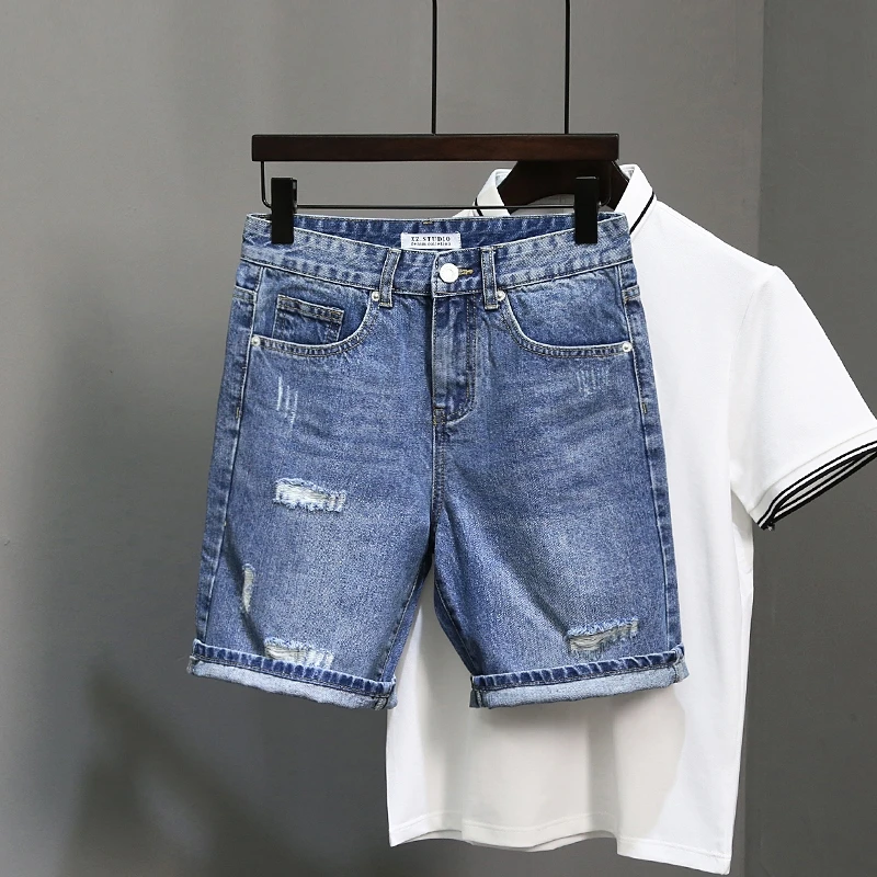 

New Arrival Ripped Destroyed Distressed Denim Shorts Mens Hole Denim Shorts Blue Male Hip Hop Fashion Casual Jeans Short