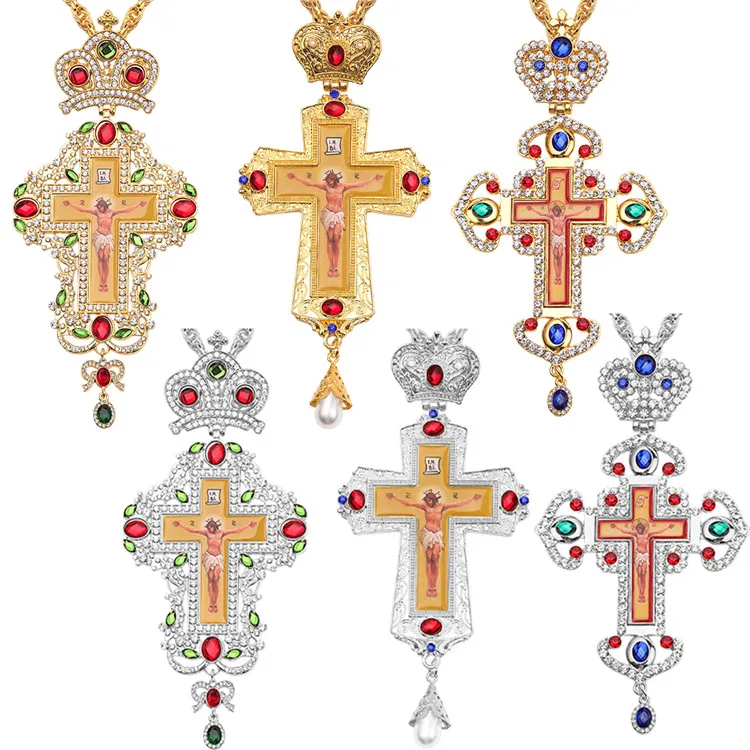 Orthodox Pectoral Cross Design Jeweled Religious Icon Byzantine Crucifix Necklace Bishop Priest Episcopal Cross Pendant Necklace