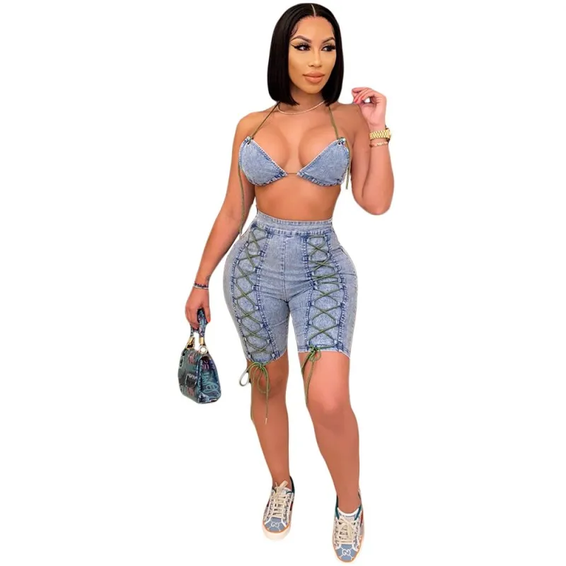 

Sexy Bra Tops And Slim Jeans Shorts Summer 2 Piece Women Denim Short Sets Outfits Matching Set