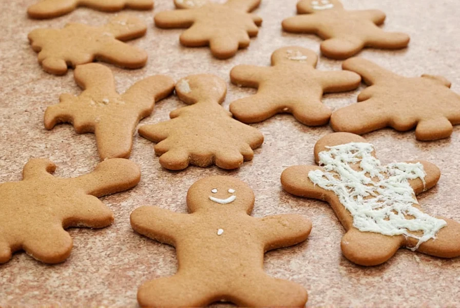 Colorfully decorated gingerbread men arranged on baking sheet