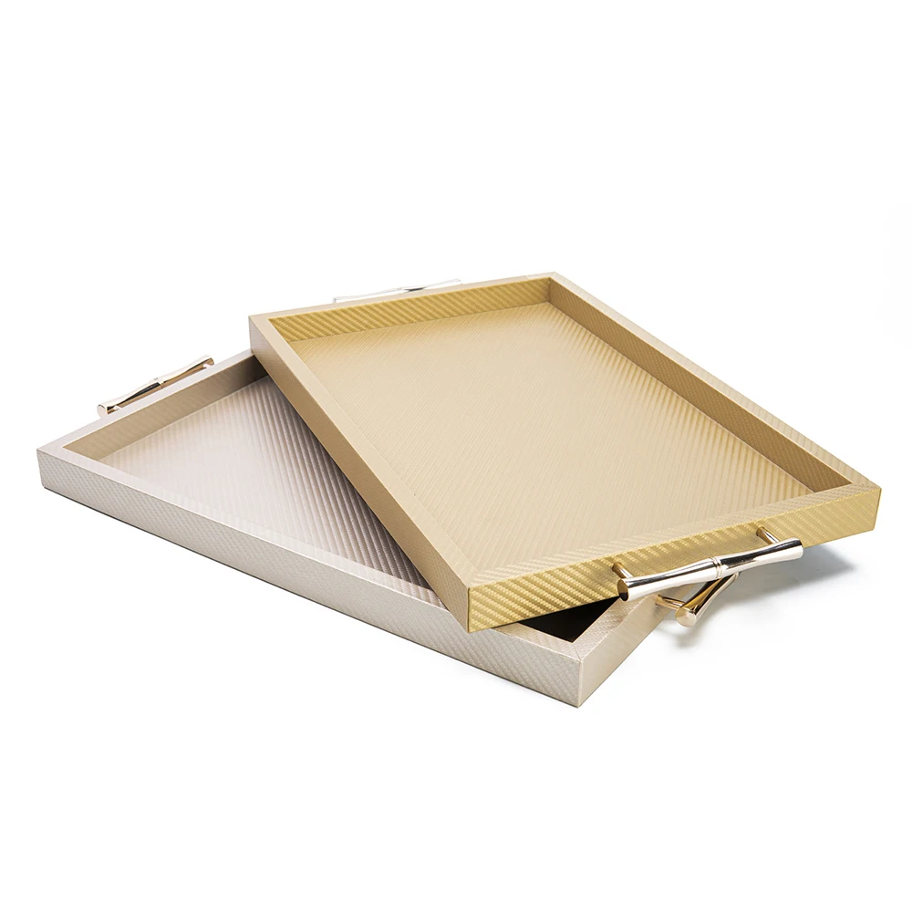 

Different PU color Leather Trays Hotel living room bathroom Home Decor High-end Wood Rectangular Serving Tray with Metal Handle