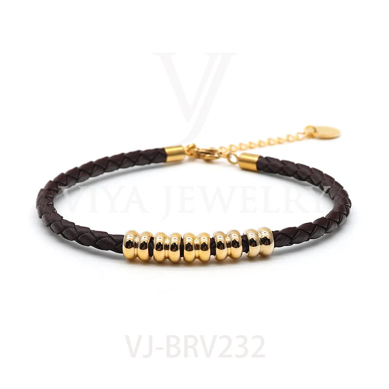 

Hot Sale Fashion 5mm Braided Leather Rope Bracelet With 18K Gold Plated Stainless Steel Beads Leather Adjustable Bangle