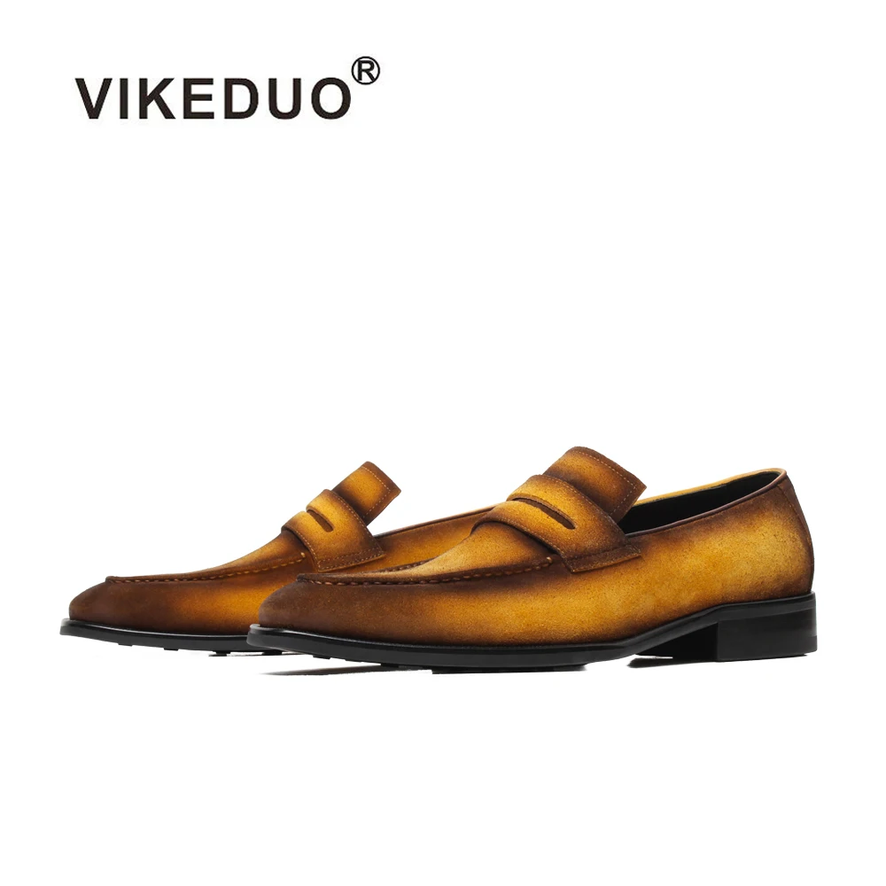 

Vikeduo Hand Made Yellow Footwear Design Luxury Men Penny Loafers Suede Leather Men's Size 48 Dress Shoes