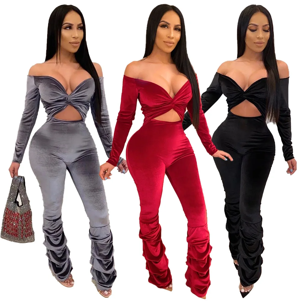 Wholesales Ladies Velvet One Piece Jumpsuit Off Shoulder Bodycon Women Jumpsuit And Romper