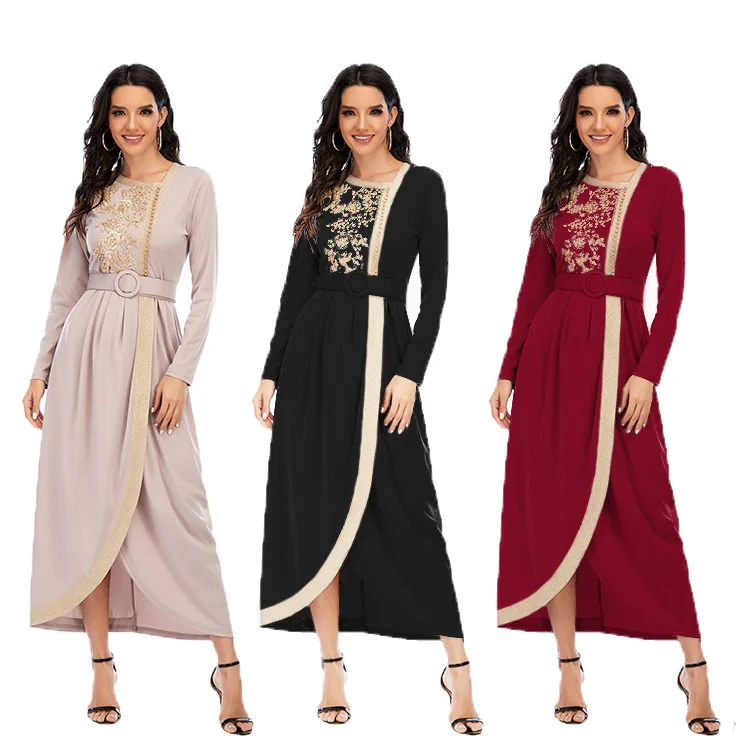 

New long dress elegant women's embroidered beaded long close-fitting dress belt dress, 3colors