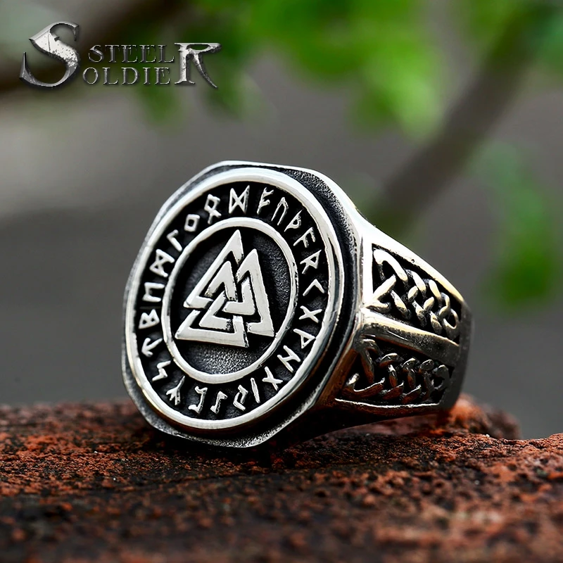 SS8-852R New Fashion Stainless Steel Viking Rune Amulet Triangle Pattern Ring For Men Vintage Jewelry Wholesale