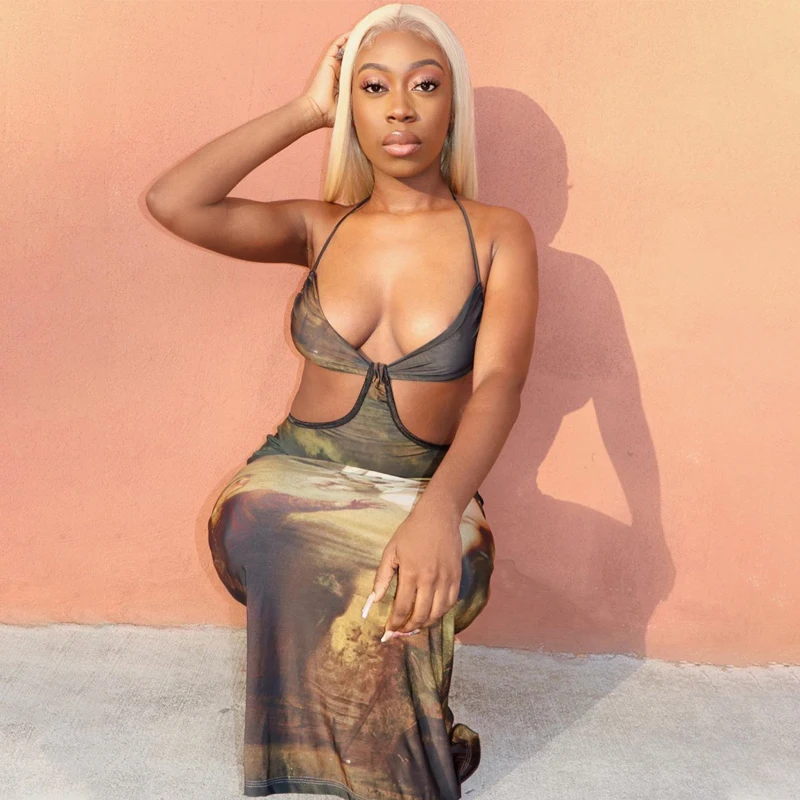 

HJ ADR22 Hollow Out Halter Nack Tie Dye Bra 2021 Sexy Bodycon Dress Women, Black/white/blue/purple