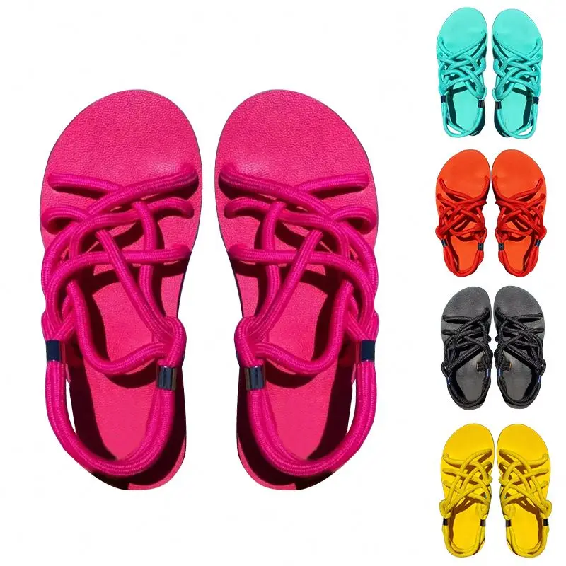 

New Fashion Arrival Women's Lace Up Thick Hemp Rope Sandals Summer Beach Flat Slippers