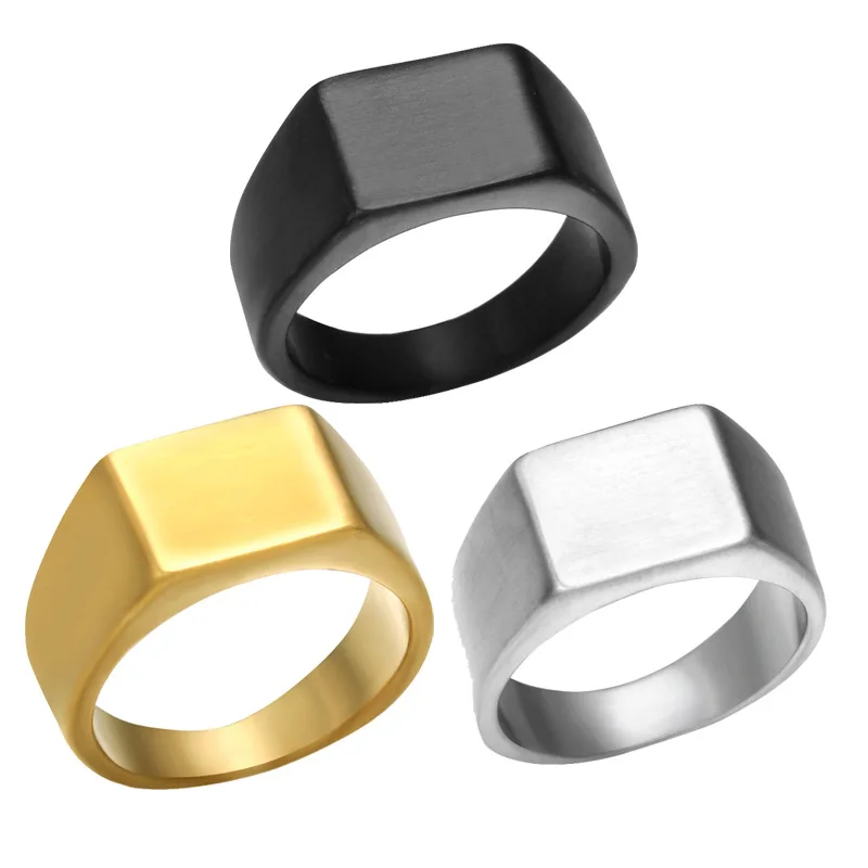 

Hot Classic Hiphop Square Flat Stainless Steel Men's Ring Personalized Lettering Logo Customize Ring for Men, Gold;black;silver