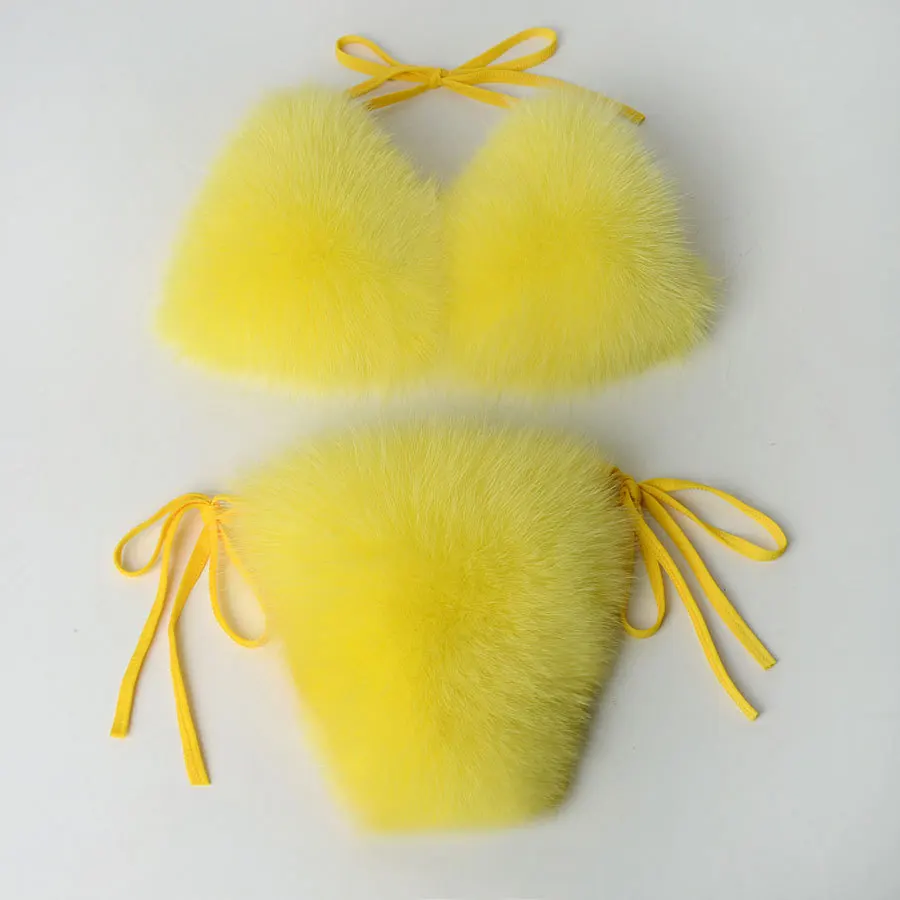 

SF0552 Real Fox Fur Reflective Bikini High Quality Fur Bra Lady Bathing Suit Swimwear