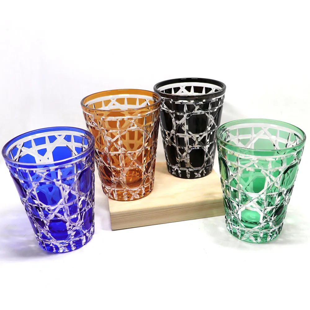 

9 oz Hand engraved Cross long drinking glass tumbler, Blue / green,blue,black