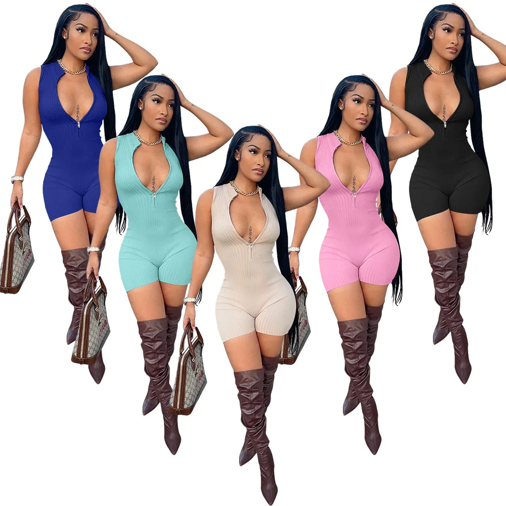

Free Sample 2022 Summer Pit Fabric Zip Sleeveless Straight Body Shorts Club Wearing Fitness Rompers Female One Piece Jumpsuit, Customized color