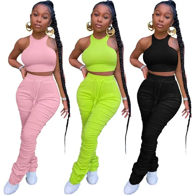 

0620M267 Sexy Summer Stacked Pant Draped Solid 2 Pcs Track Suit Outfits Two Piece Set Women Clothing