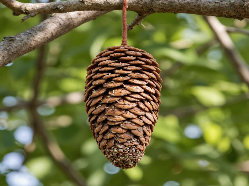 Pine cone bird feeder covered in seeds hanging from tree branch