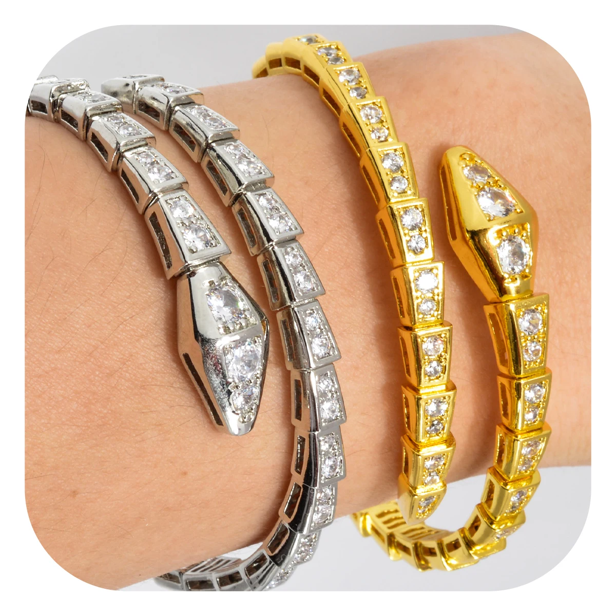 

Trendy Jewelry Brand Zircon 18K Gold Plated Stainless Steel elastic Snake Bone Open Bangle Bracelet Women