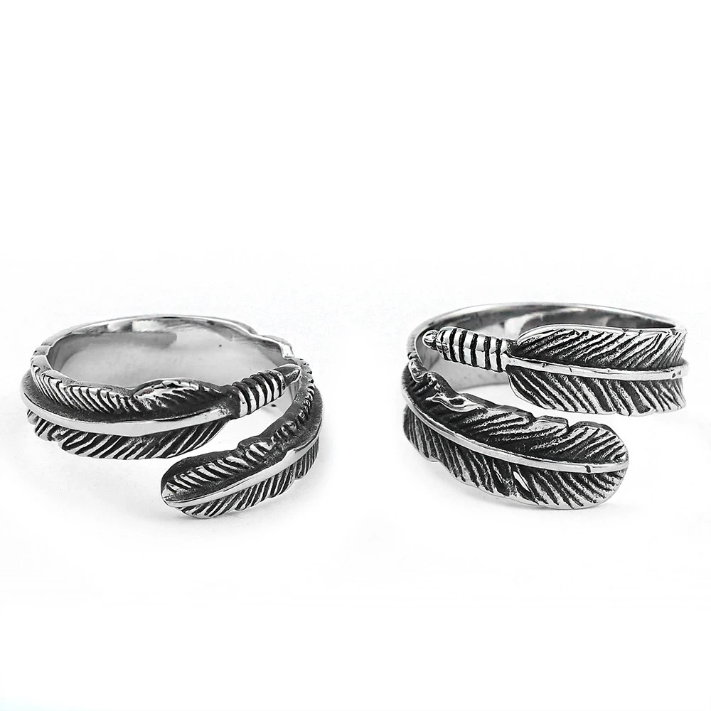 

OEM ODM wholesale trendy biker jewelry feather rings for men stainless steel rings, Antique