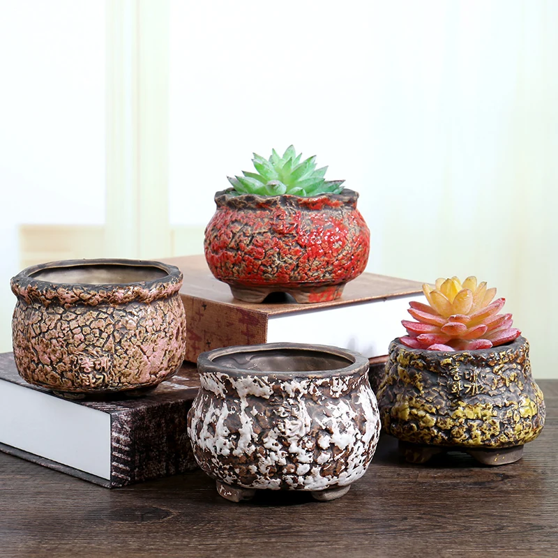 

OEM service handmade outdoor garden stone like ceramic flower pot chinese style stone potting pots planter, Red, yellow, pink, brown-white