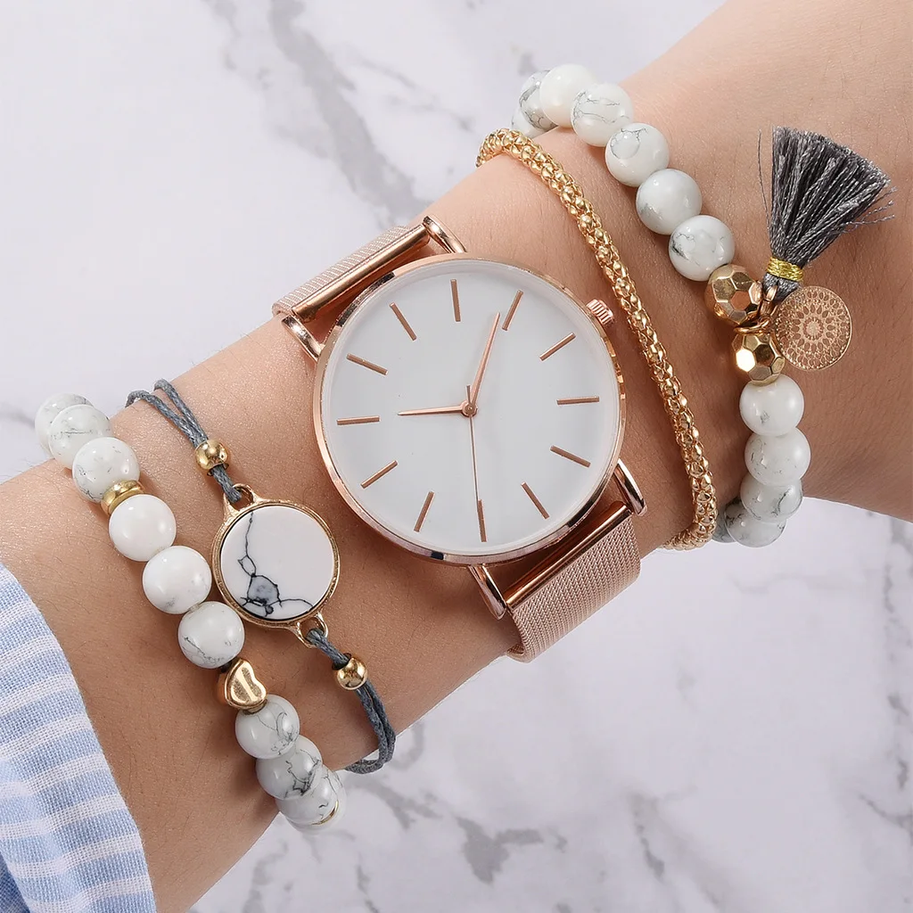 

Ladies Simplicity Accessory Watches Set Alloy Strap Casual Quartz Wristwatch Bracelet 5 Pcs Set