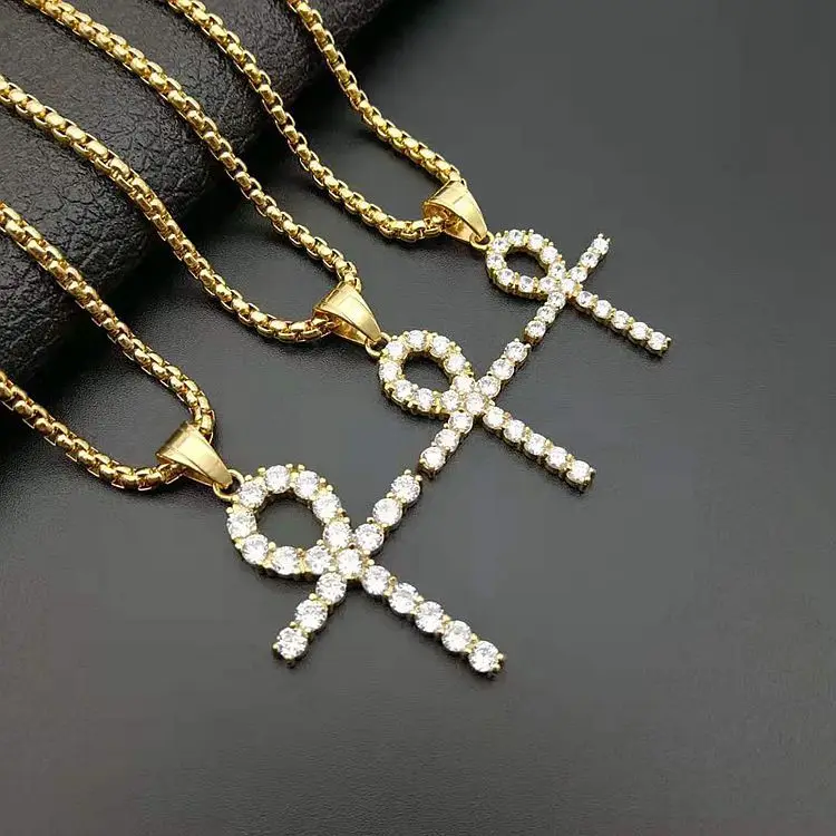 

Hip Hop Jewelry Christian Titanium Vacuum Gold Plated Stainless Steel Life Key Cubic Zirconia CZ Ankh Cross Pendant Necklace