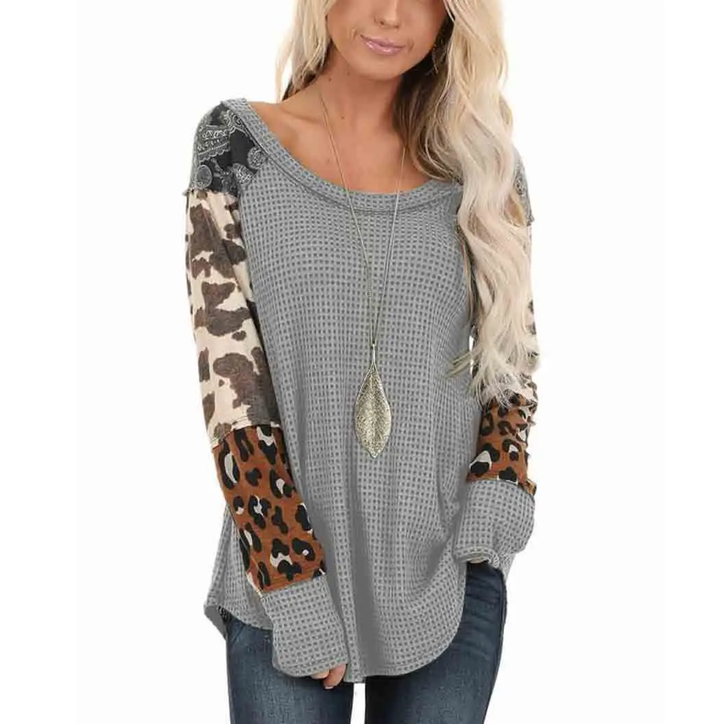 

Women's Casual Waffle Print Splicing Pullover Round Neck Long Sleeve T-shirt, As show