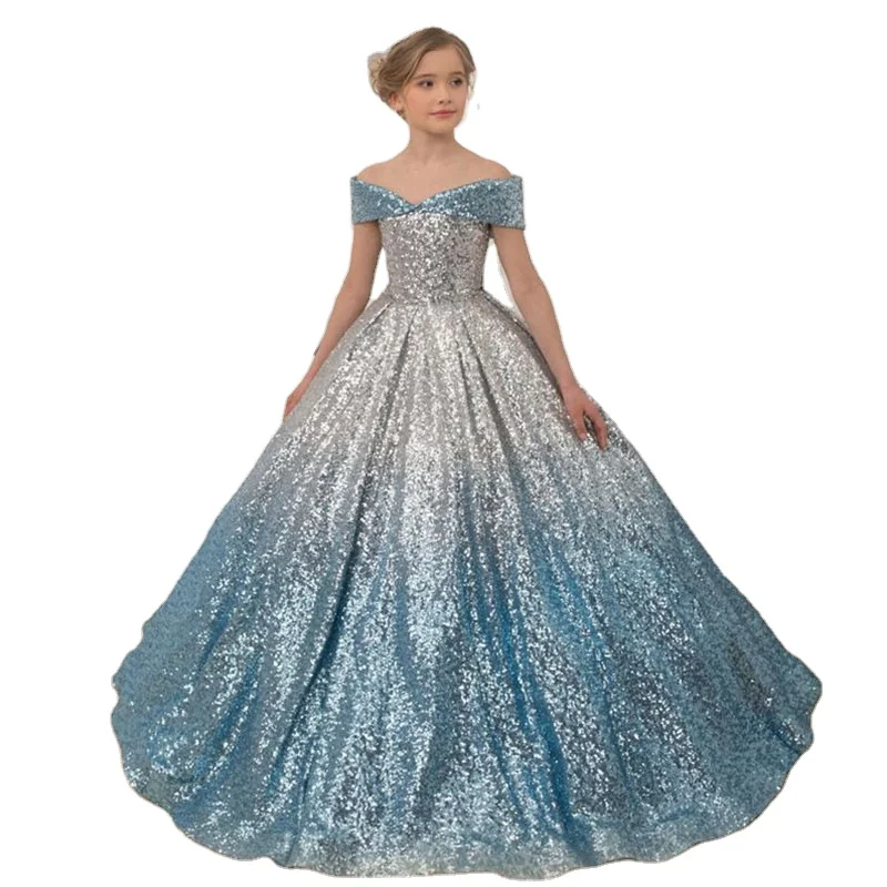 

New arrival High Quality Girl Sequined Formal Party Dress Children Evening Dress Kids Floor length Ball Gown, Blue