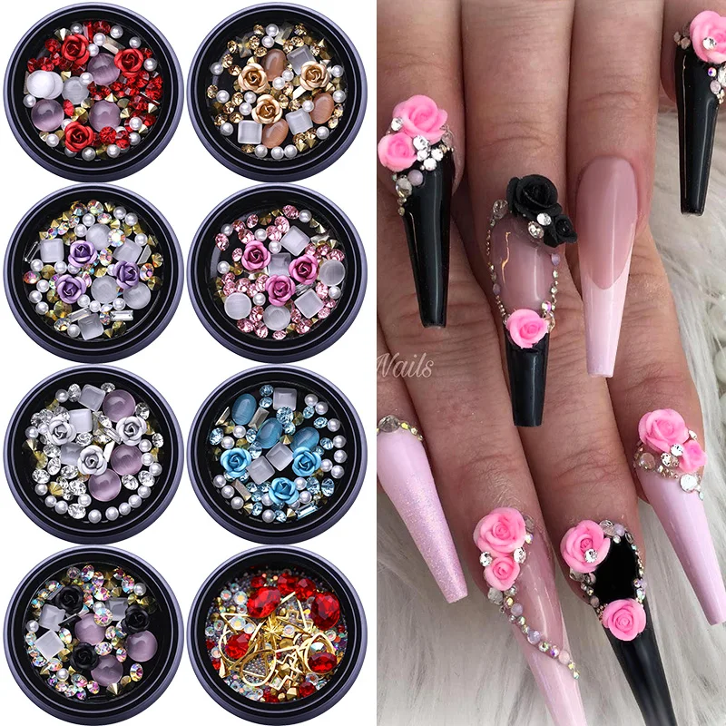 

1 Box Mix Sized Metal Round Opals Crystal Pearl Beads Rose Flowers Nail Art Rhinestones Gem Decals DIY Tips, Picture