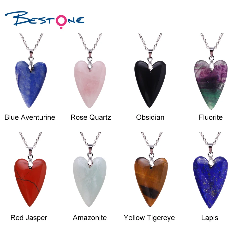 

Bestone Hot Selling Amethyst Pendant Necklace Natural Stone Crystal Opal Agate Gemstone Heart Shape Necklace For Women