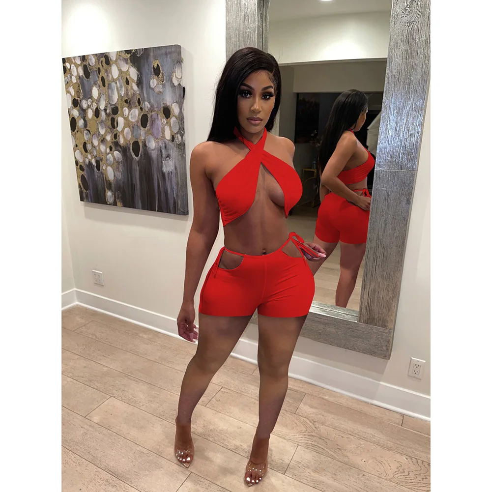 

Two Piece Set Women Summer Sweat Suits Halter Crop Top Bandage Hollow Out Biker Shorts Sexy Club Outfits Matching Sets