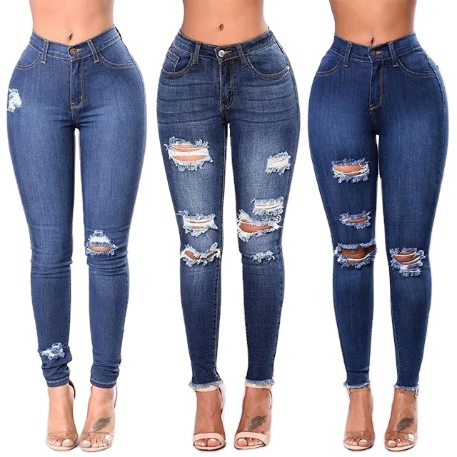 

Europe And The United States New Women's Clothing Elastic Broken Hole Slim Body Small Leg Pants Dark Temperament Jeans, Blue