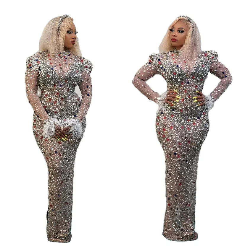 

Fashion Mesh Crystals Long Dress Ladies Sexy Evening Party Bodycon Rhinestones Costume Birthday women Wear Mini Dresses
