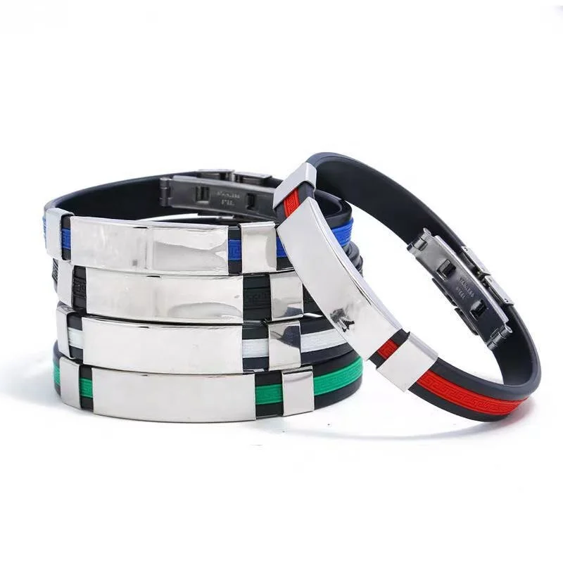 

Multi-color silicone wristbands classic customized jewelry men women stainless steel bracelet, 5 colors