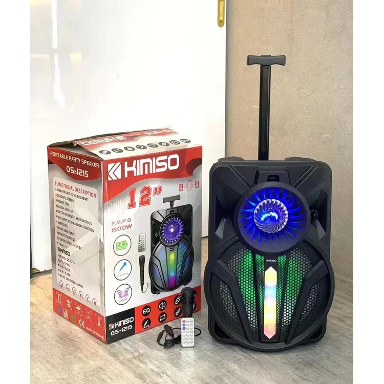 

QS-1215 Lowest Price Portable Speaker KIMISO 12inch Big TWS Rrolley Speaker With Ring Colorful Lights