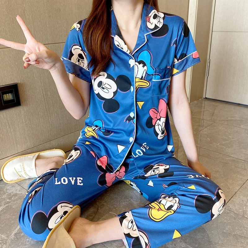 

women's sleepwear short sleeve two piece short set button printed fabric lounge wear women summer 2021 pajama set, Multiple colors are available