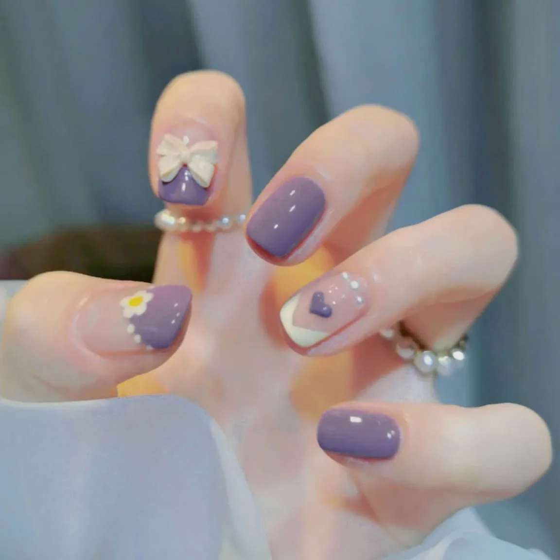 

High Quality Wholesale Gel Press On Nails Bowknot Purple Super Cute Artificial Fingernails, Picture