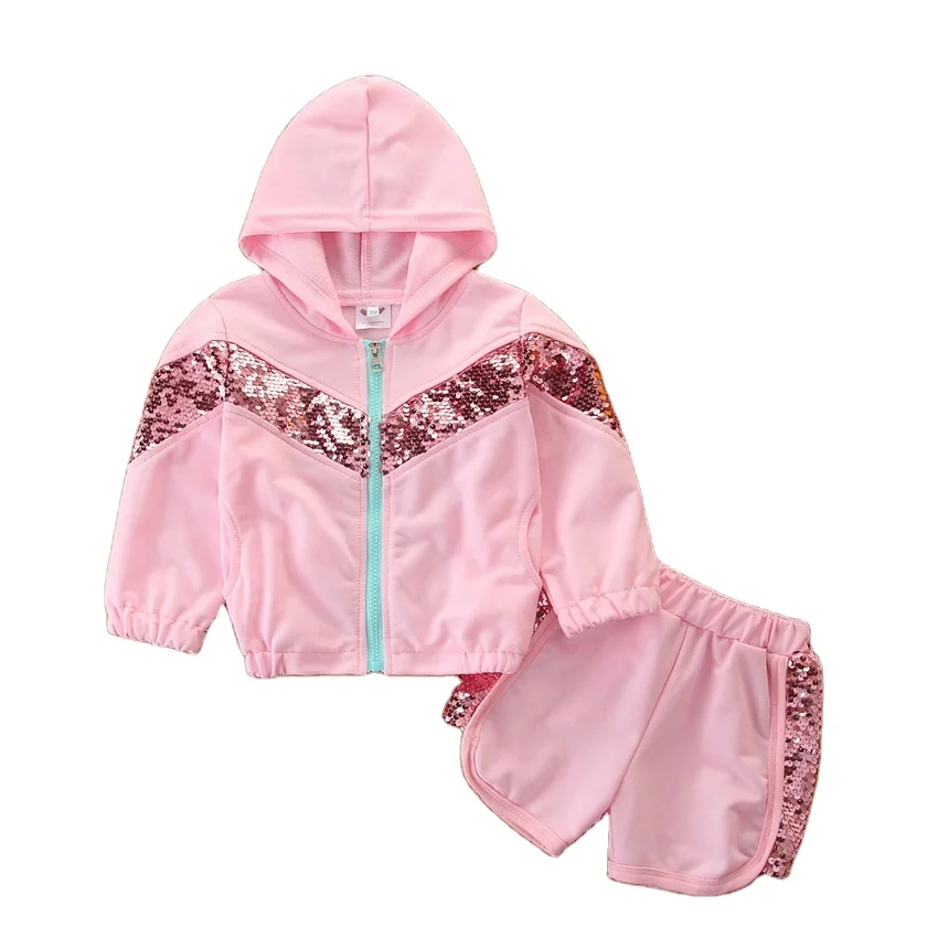 

Pink color baby girls long sleeve hoodies and shorts kids sportswear children clothing sets with sequins, As picture