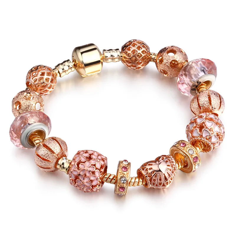 

European Style 18K Gold Chain Enamel Flower Heart Charm Bracelet Rose Gold Pink Austrian Crystal Bead DIY Charm Bracelet